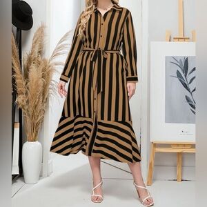 Tan and Black Ruffled High-Low Long Sleeve Shirt Dress